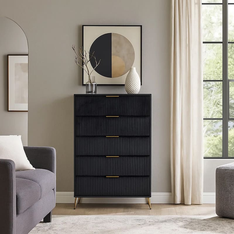 Moko 51 Inch Tall Dresser, 5 Soft Upholstered Drawers, Black, Gold