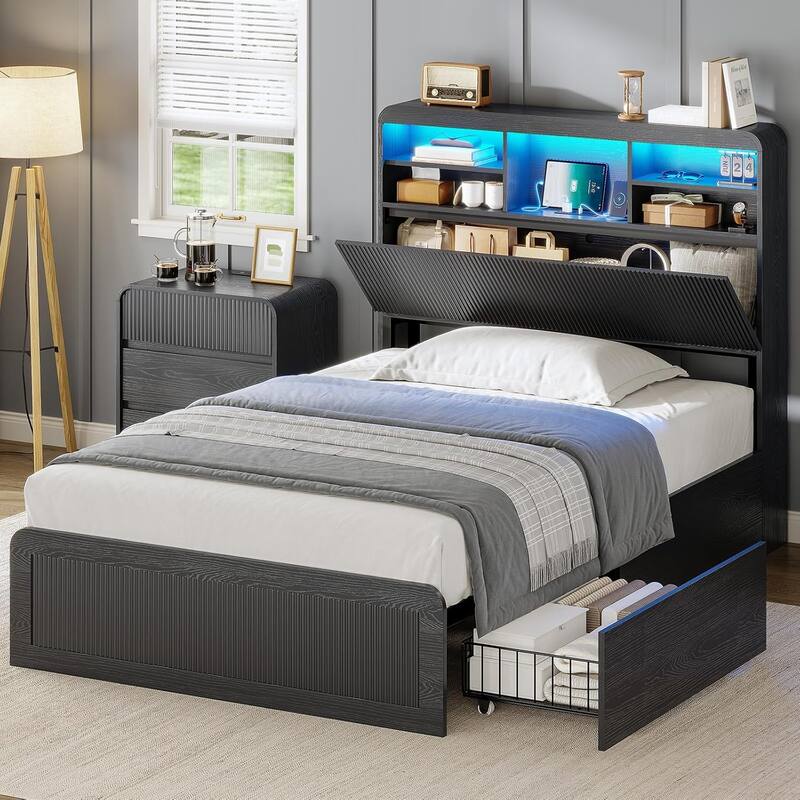 Bed Frame with 4 Storage Drawers and Hidden Storage Headboard Charging Station
