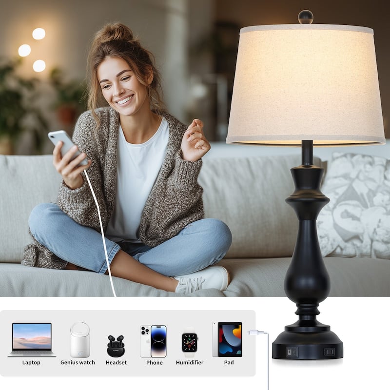 Modern 30-Inch Table Lamps with Touch Control, USB & Type-C Ports, and AC Outlet (Set of 2)