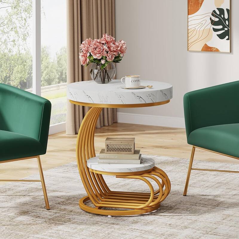 2 Tiers Round End Table with Shelf Storage, Arc-Shaped Side Sofa Table