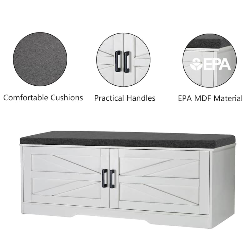 2-Tier Storage Bench, Farmhouse Shoe Bench with Padded Seat Cushion, Entryway Bench with 2 Barn Doors & 2 Adjustable Shelves