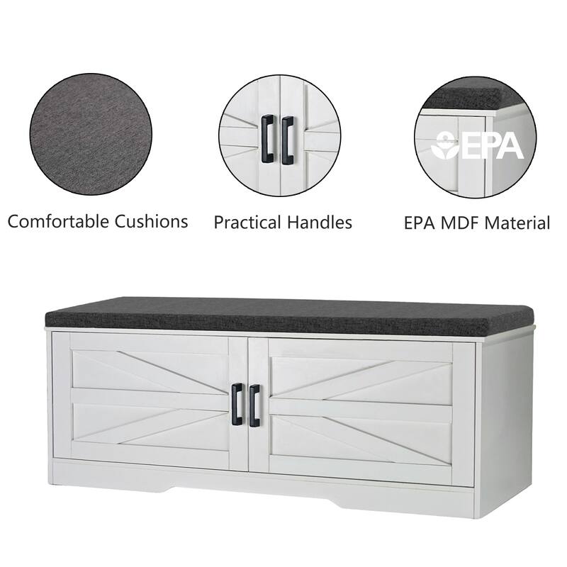 Farmhouse Shoe Storage Bench, 2 Tier Shoe Bench with Padded Seat Cushion & 2 Barn Doors& 2 Adjustable Shelves