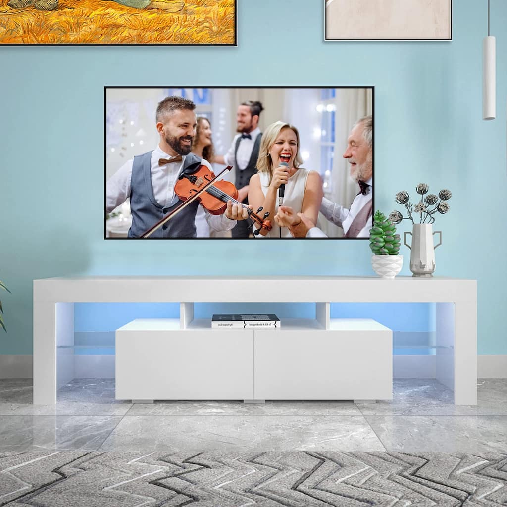 Modern TV Stand up to 70" TV with 2 Drawers & Shelves, LED Lights - 63"W x 14"D x 18"H