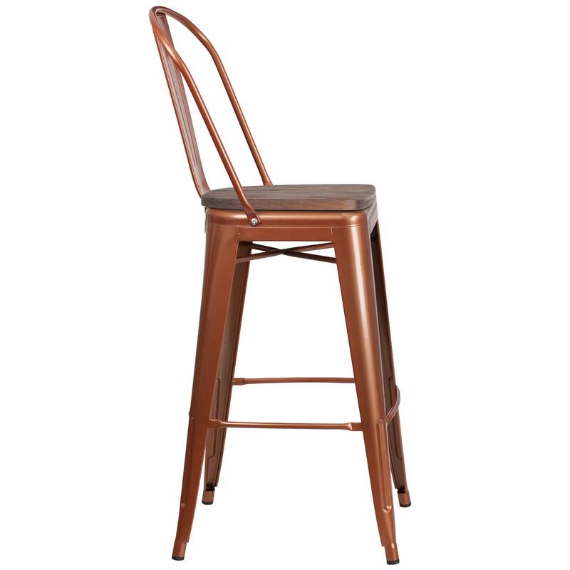 30" High Metal Barstool with Back and Wood Seat - 18"W x 19"D x 46"H - 18"W x 19"D x 46"H