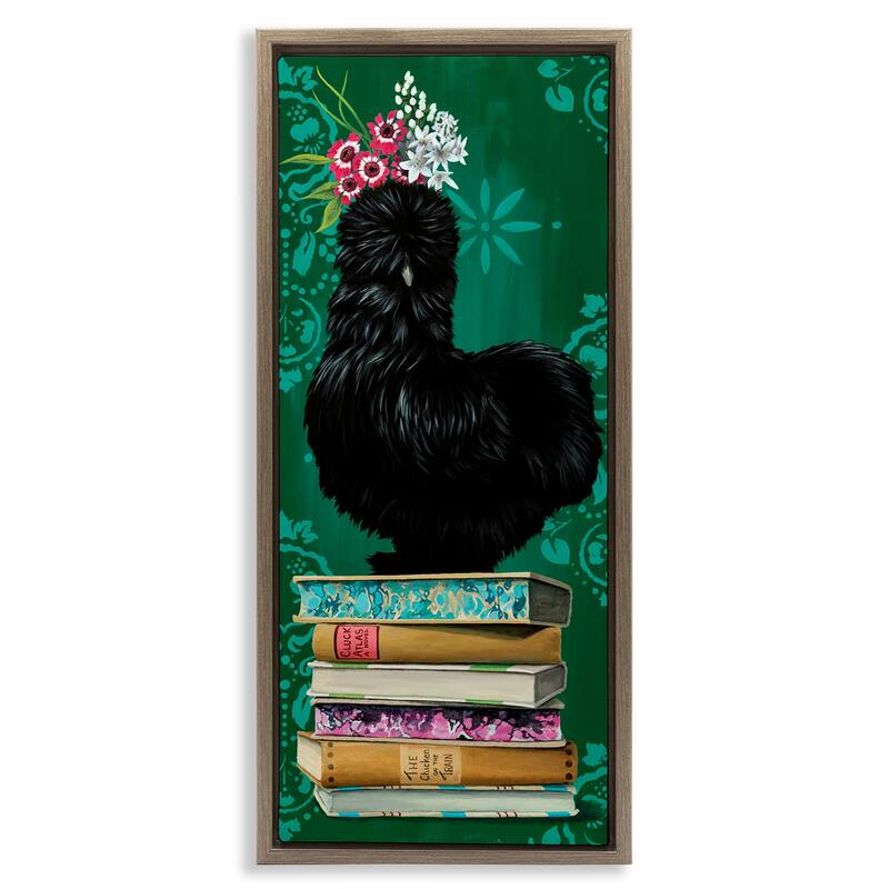 Stupell Country Chicken on Bookstack Framed Floater Canvas Wall Art Design By Heather Gauthier - 15 x 31 - Brown
