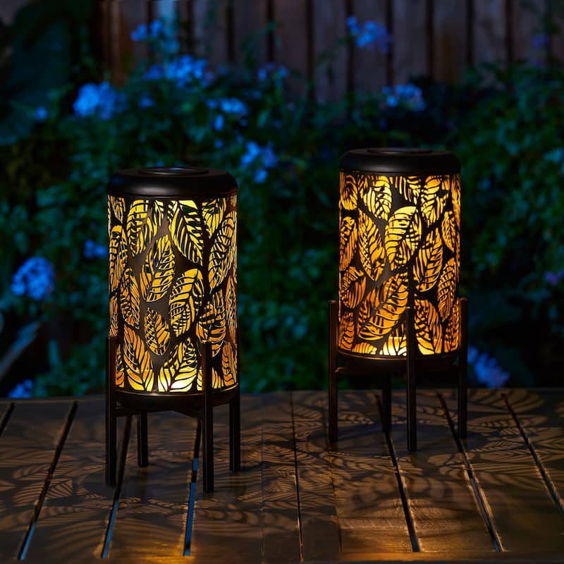 Glitzhome 14"H Outdoor Metal Cutout Flower/Leaves Solar Light Standing Lanterns Waterproof
