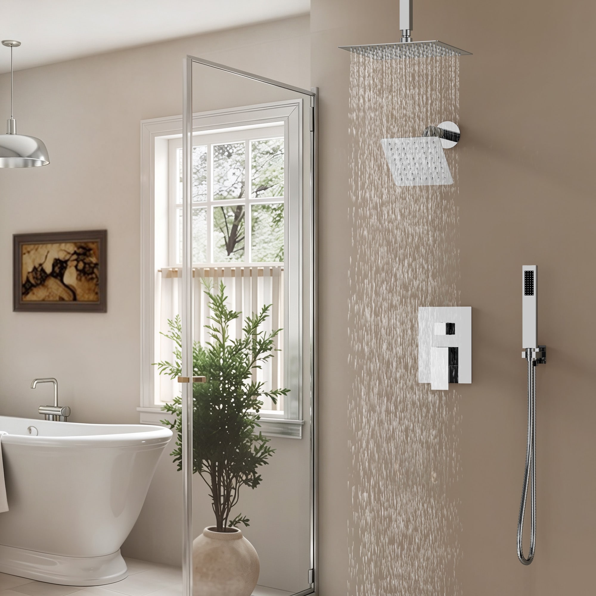 10" Ceiling and 6" Wall Mount Rainfall Dual Shower System Multifunctional Shower Faucet with Handheld - 10" x 6"
