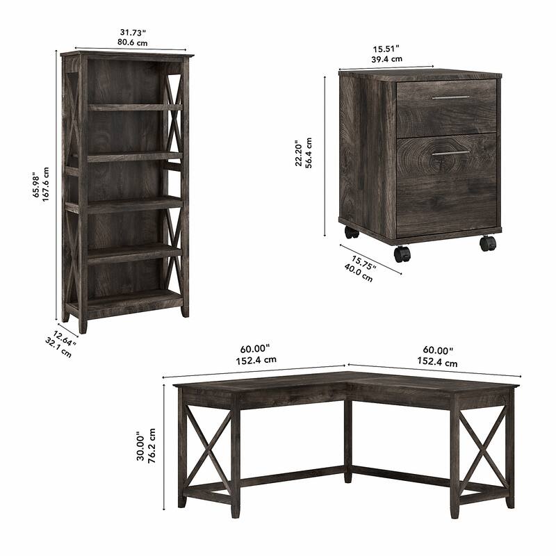 Key West 60W L Desk with File Cabinet and Bookcase by Bush Furniture