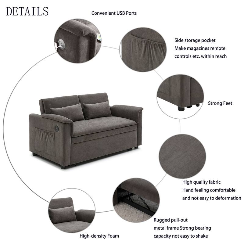 3 in 1 Convertible Sofa Bed with USB Port, Velvet 2 Seater Pull Out Sofa Bed, Loveseat Sofa with Adjustable Back & Side Pockets