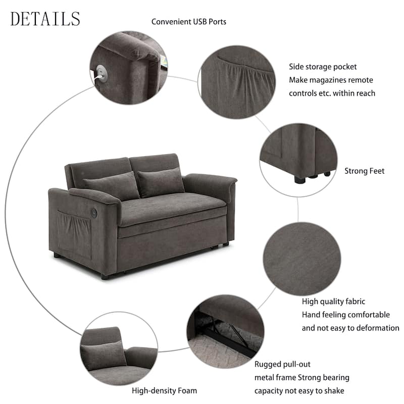 55" Velvet 2-Seater Convertible Sofa Bed, 3-in-1 Pull-Out Loveseat with Adjustable Backrest, USB Ports, Side Pockets