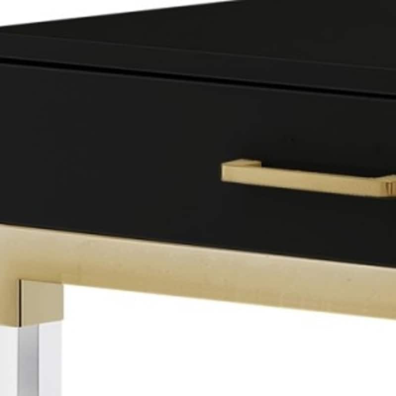 HomeRoots 48" Black Clear and Gold Wood Acrylic and Stainless Steel Writing Desk With Two Drawers