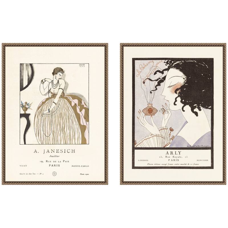 Kate and Laurel Arly 1921 Jacovleff & Janesich 1920 Edouard Halouze 2 Piece Framed Canvas Art Set by Nostalgia Prints - 2 Piece Set 18x24 - Gold
