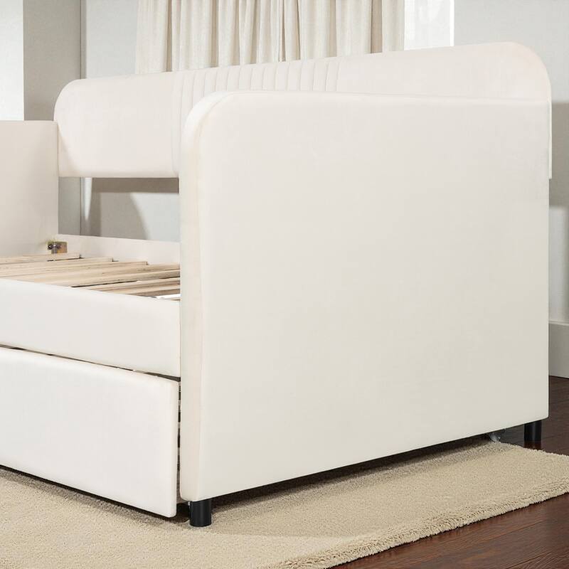 Twin Size Upholstered Daybed with Trundle, Velvet Sofa Bed with Wood Slats, Pull-Out Guest Bed for Bedroom or Living Room