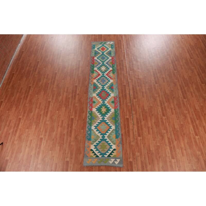 Hand Woven Oriental 100% Wool Carpet Southwestern Geometric Green Kilim Runner Rug - 13' 1'' X 2' 7''