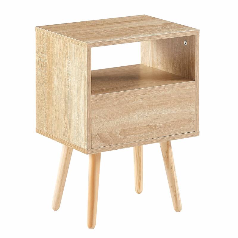 Rattan Nightstand with Drawer, Solid Wood Legs, 16"" Side Table