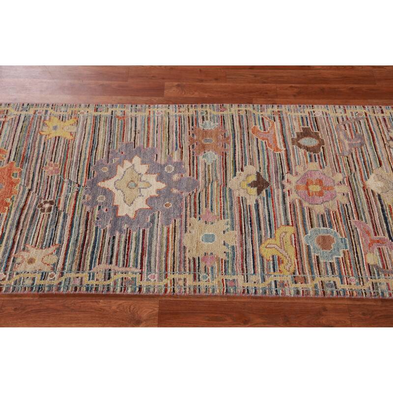 Hand Knotted Oriental 100% Wool Carpet Transitional Floral Multi-Colored Oushak Runner Rug - 9' 9'' X 2' 7''