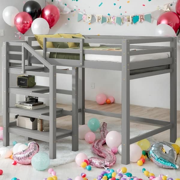 slide 2 of 18, Full Size Loft Bed With Built-in Storage Staircase,Hanger,Shelves for Home