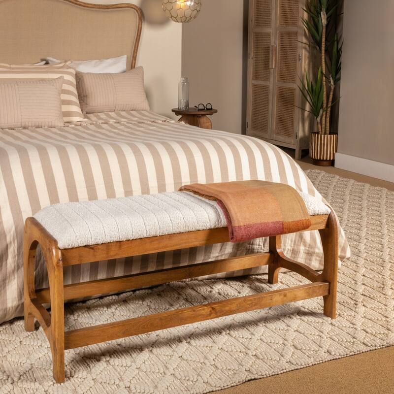 Mango Wood Arch Bench with Leather Seat - 18.0"H