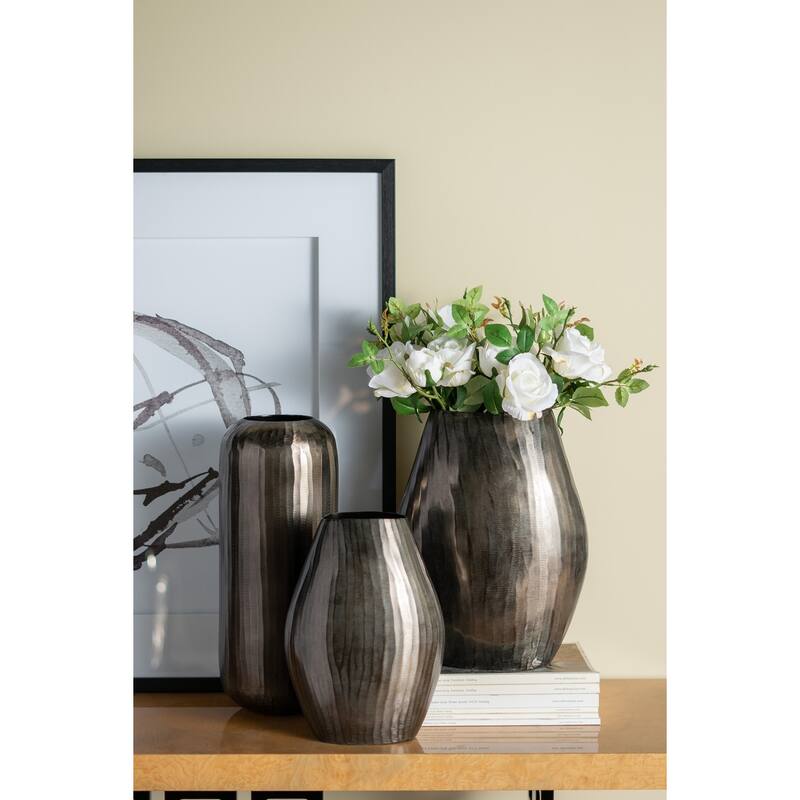 7x7x17" Layered Chisel Aluminum Vase Modern Metallic Finish Home Decor