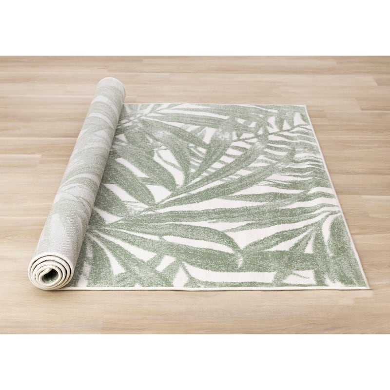 Green White Palm Branch Design Living Room Rug
