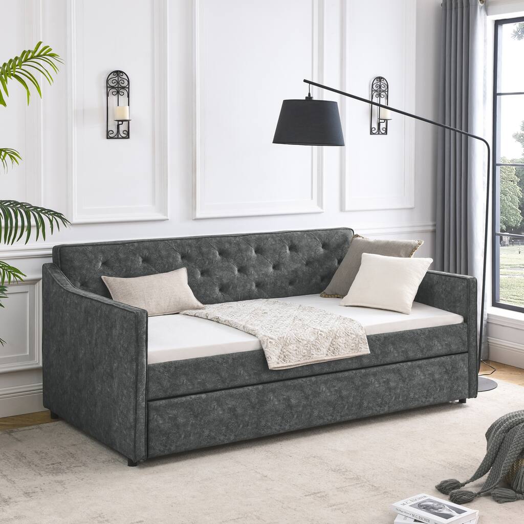 Roomfitters Twin Upholstered Daybed with Twin Trundle, Tufted Backrest and Elegant Waved Arms