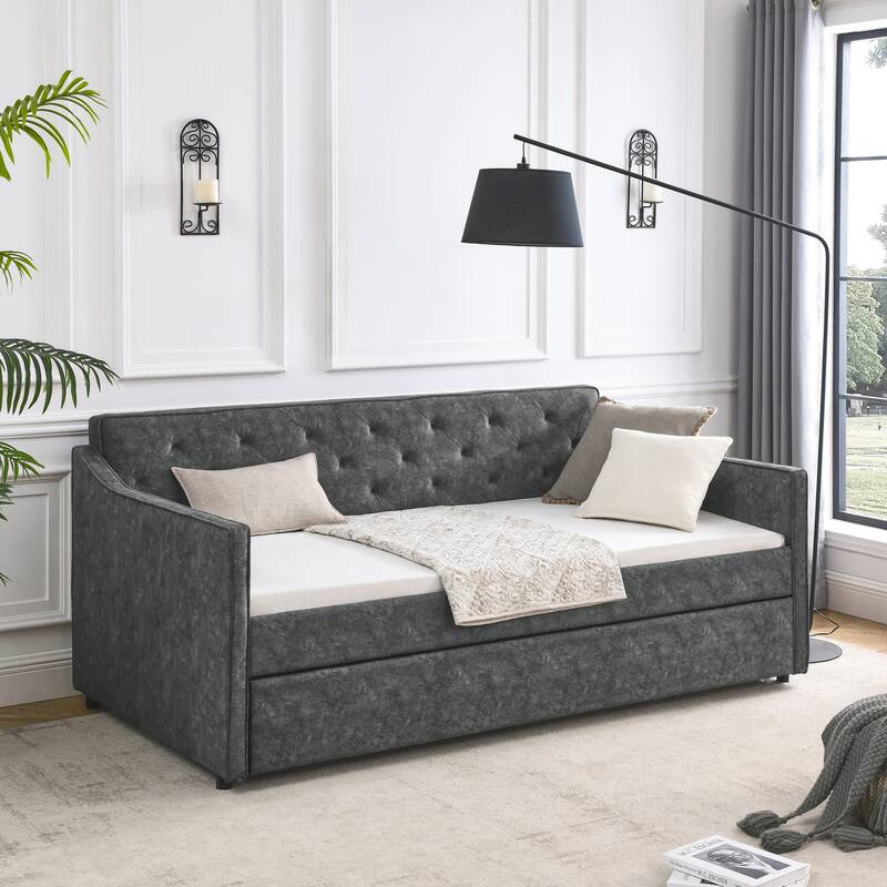 Roomfitters Twin Upholstered Daybed with Twin Trundle, Tufted Backrest and Elegant Waved Arms - Grey - Twin