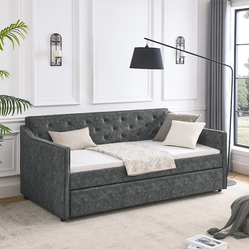 Twin Size Daybed with Twin Size Trundle Upholstered Tufted Sofa Bed, Waved Shape Arms, Grey (80.5"x44.5"x33.5")