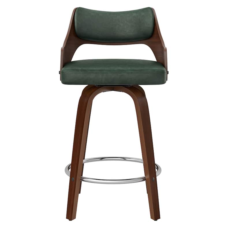 26.in Counter Height Stool Swivel Wooden Faux Leather Bar Stool with Curved Back