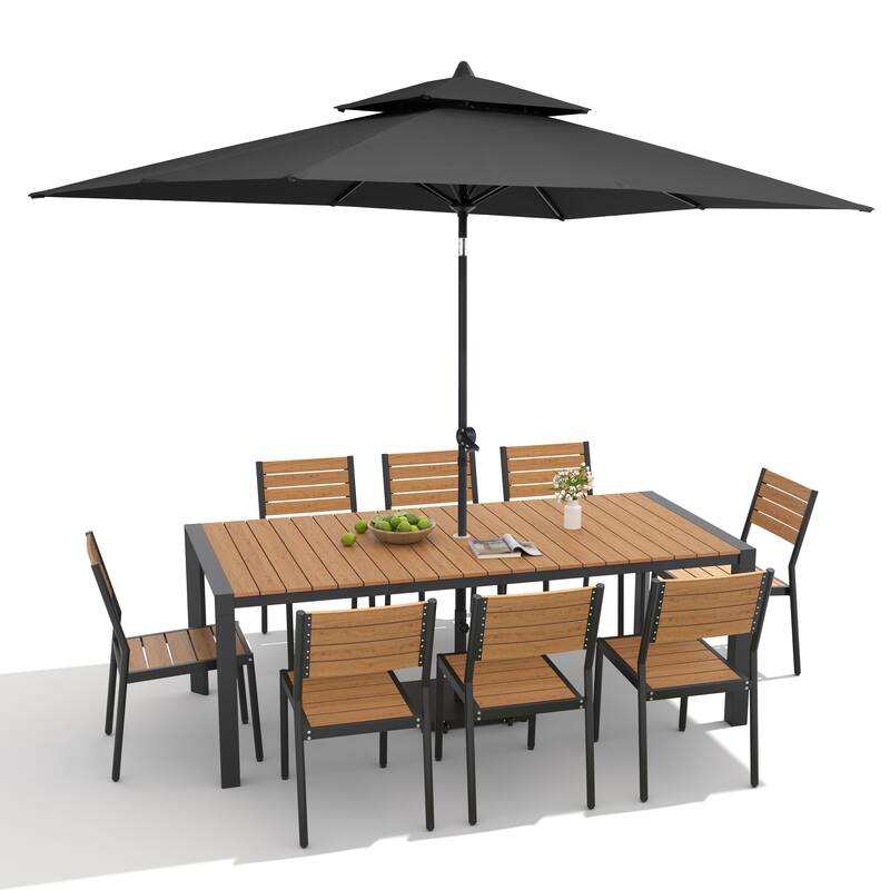 9/11-Piece Outdoor Dining Set Aluminum Table and Stackable Chairs w/10 ft Umbrella and Base