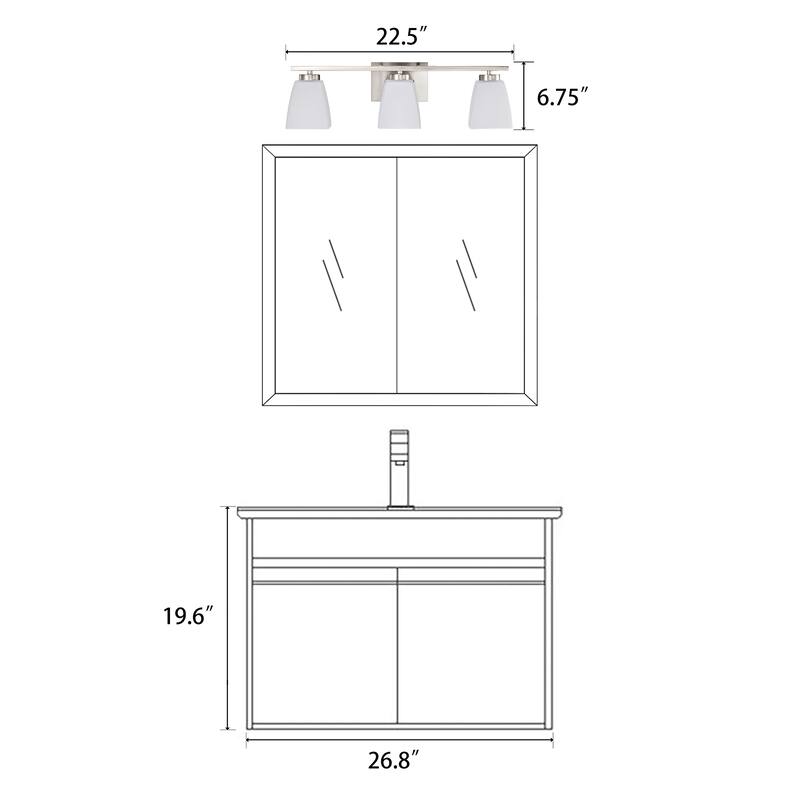 Brushed Nickel/Matte Black/Gold Modern 3-Light Vanity Light with Square Etched White Glass Shades