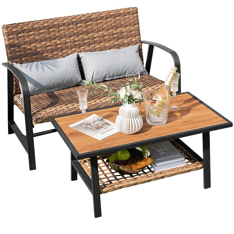 Gymax Set of 2 Rattan Loveseat Coffee Table Set w/ Padded Back Seat