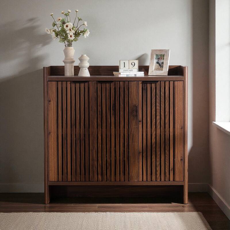 Modern 5-Tier Shoe Cabinet with Adjustable Shelves and Shutter Doors, Large Wooden Storage Organizer for Entryway or Hallway - Walnut