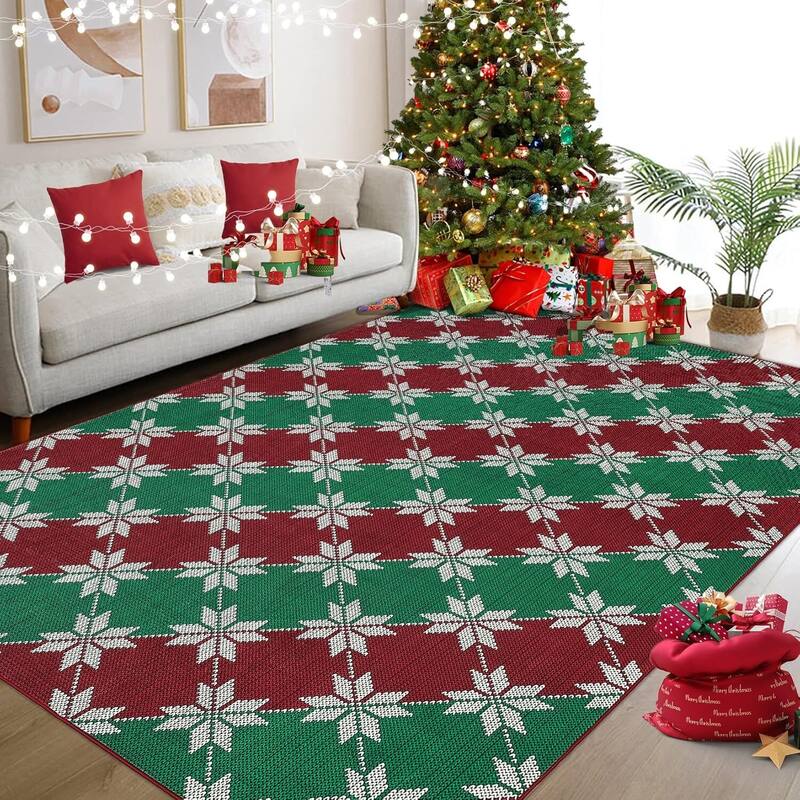 GustoWave Christmas Geometric Throw Area Rugs, Non Slip Machine Washable, Green+Red - 1'6" x 2'6" - Multi 3*5ft