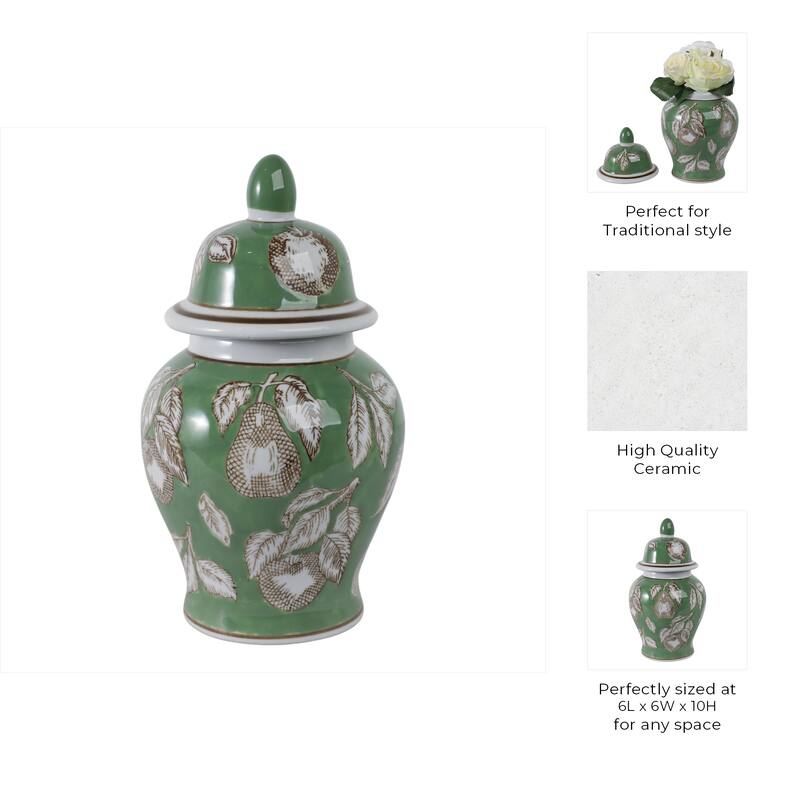 Ceramic Temple Jar Modern Pear Twigs Chinoiserie Design with Lid