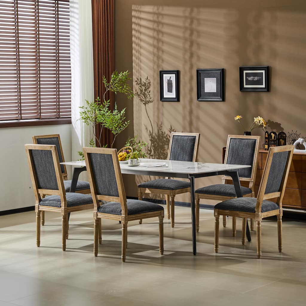 [Set of 6] French Country Dining Chairs-Elegant Cane Backrest & Upholstered Seats with Fluted Legs - Solid Rubberwood Frame