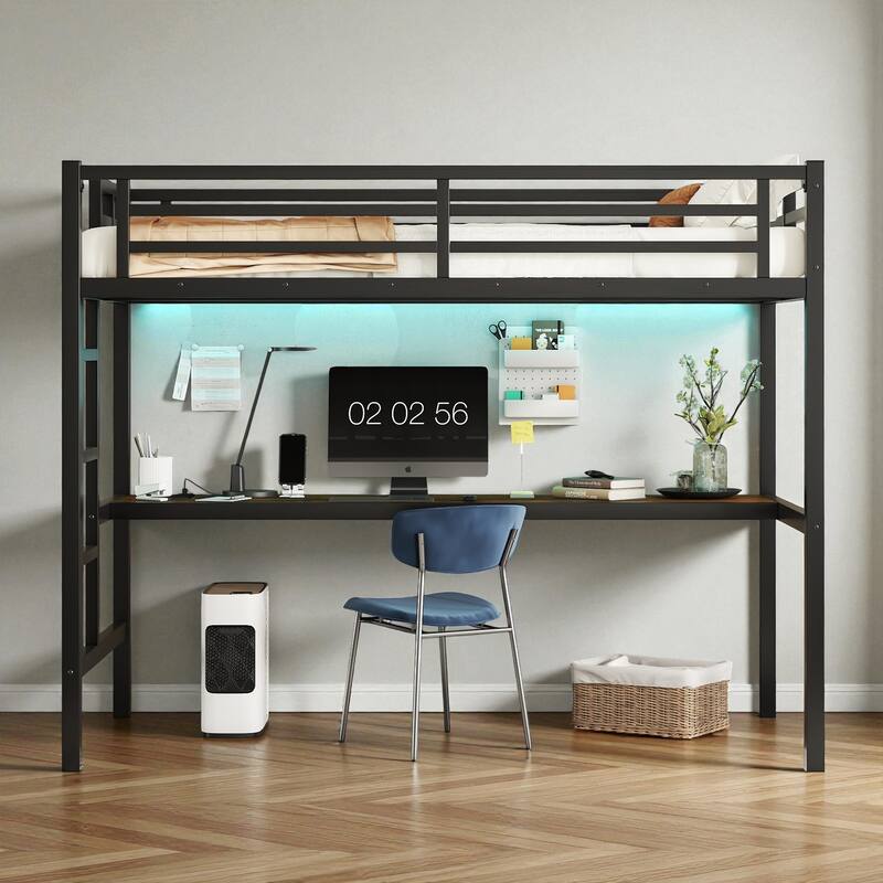 Metal Twin/Twin XL Loft Bed with Desk, Power Outlet & LED Lights, Space-Saving Noise-Free Frame for Study or Gaming Area - Black - Twin XL