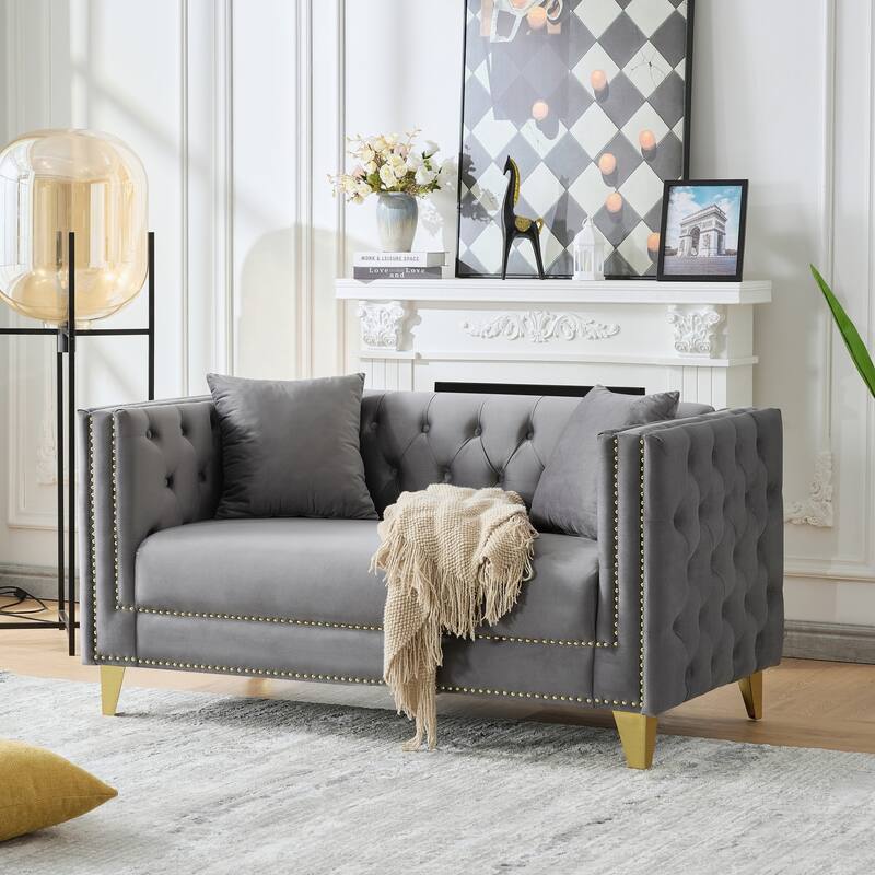 Roomfitters 58" Modern Tuxedo Loveseat with Buttoned Back and Gold Legs, Upholstered Couch with Double Nailhead Trim