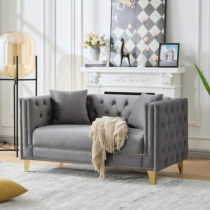 Velvet Upholstered Loveseat, Button Tufted 2 Seater Deep Seat Couche, Lounge Sofa with Nailhead Trims & Square Arms - Grey