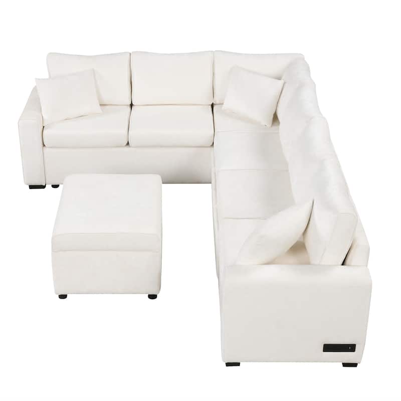 112.2" L-Shaped 6-Seat Sectional Sofa with Pull-Out Bed, Storage Ottoman, 3 Back Pillows, and USB Charging Ports