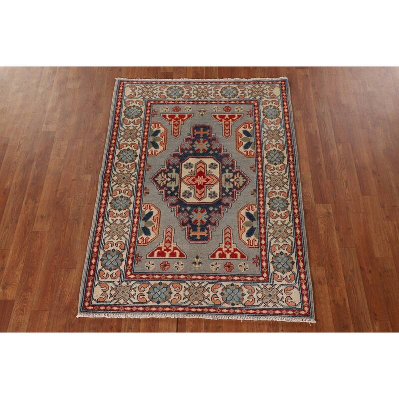 Kazak Oriental Accent Rug Handmade Gray Geometric Wool Carpet - 3'7"x 4'10"