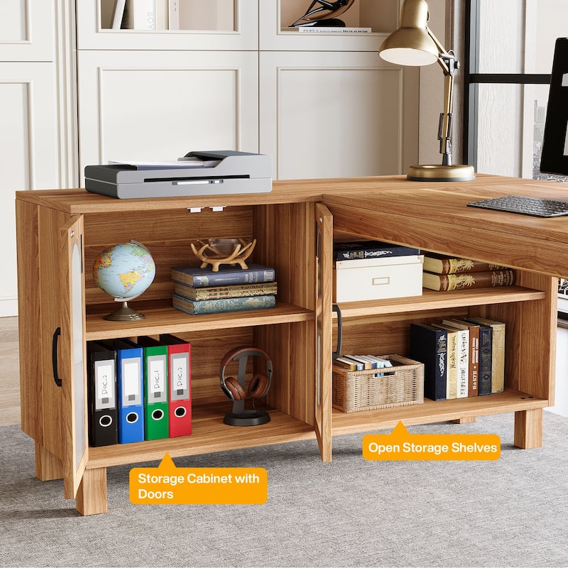 59-Inch Corner Computer Desk with File Cabinet and Shelves, L Shaped Executive Desk for Home Office