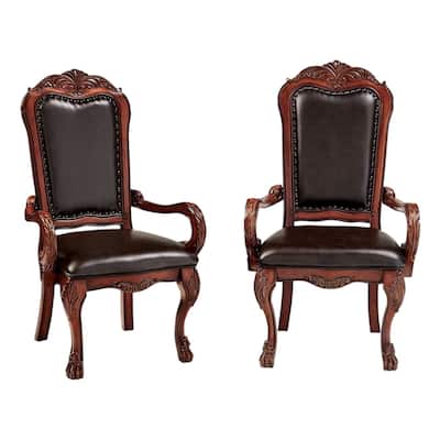 Set of 2 Brown Queen Anne Back Dining Armchairs with Faux Leather Upholstery and Nail head Trim - 46”H x 24”W x 25”D