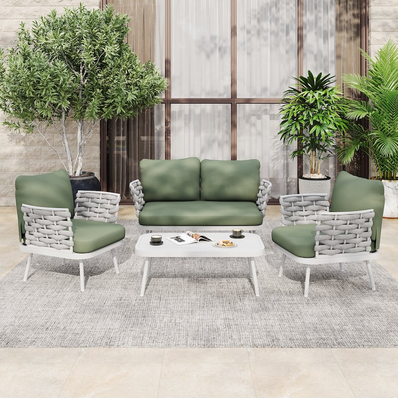 Roomfitters Steel 4-Piece Outdoor Conversation Set with Woven Rope Armrests and Cushions