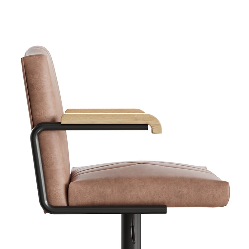 Javlergo 2-Piece & 4-Piece Adjustable Height Bar Chairs Brown PU Leather with Wave Pattern Armrests Black Base with Arc Footrest