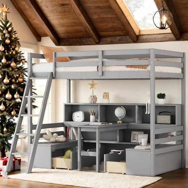 slide 2 of 8, Kid Bed Frame Modern Twin Loft Bed with Desk,Storage Shelves & Drawers Grey