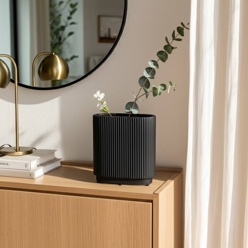 Ceramic Modern Ridged Decorative Vase - Black, 8"