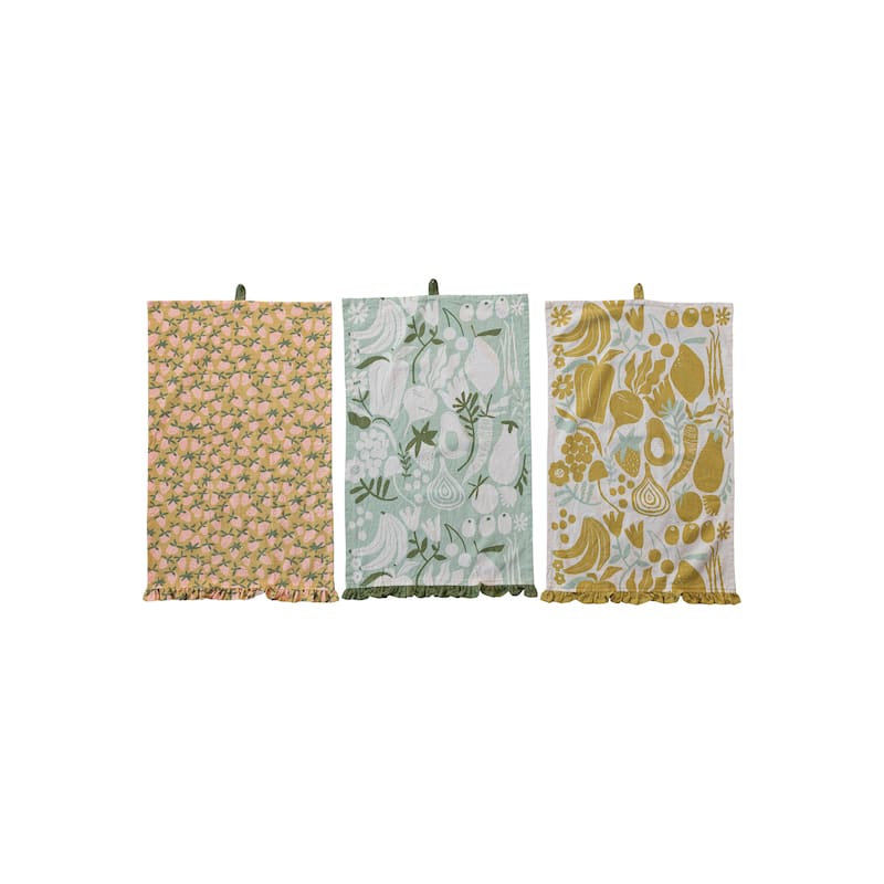 Cotton Printed Tea Towels with Fruit Prints - 28.0"L x 18.0"W x 0.3"H - Set of 3 - 28.0"L x 18.0"W x 0.3"H - Multi