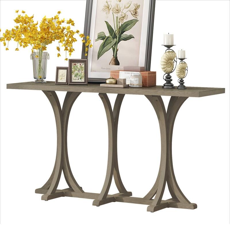 Wooden Console Table, Farmhouse Entryway Table with Oak Veneer Top and Rubberwood Curved Legs
