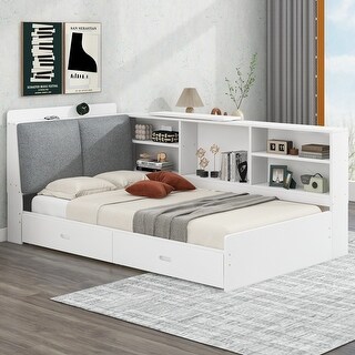 Twin Size Platform Bed with Storage Headboard, Pine Wooden Bed with Shelves, Storage Bed with 2 Drawers, Modern White