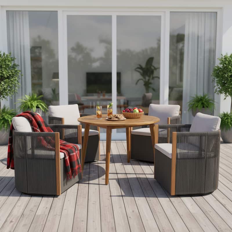 Christopher Knight Home - Nola 5-Piece Outdoor Acacia Wood Swivel Dining Set with Woven Rope Chairs & 47.25" Round Slat Table - Teak Finish+Grey+Beige
